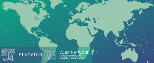 world map in green on a green and blue gradient background. Logos of Elsevier and ALBA network in white at the bottom left.