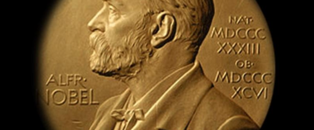 nobel prize profile in a golden circle on a black background