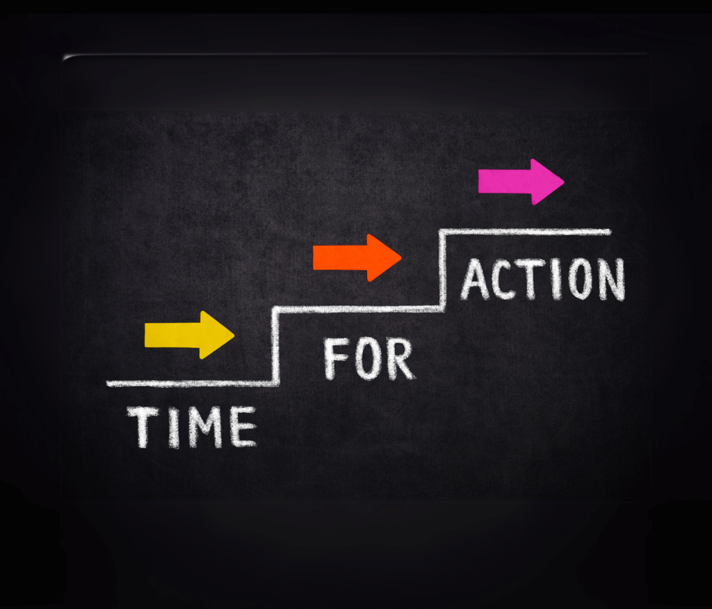 The words 'time for action' written in white with three coloured arrows on a black background